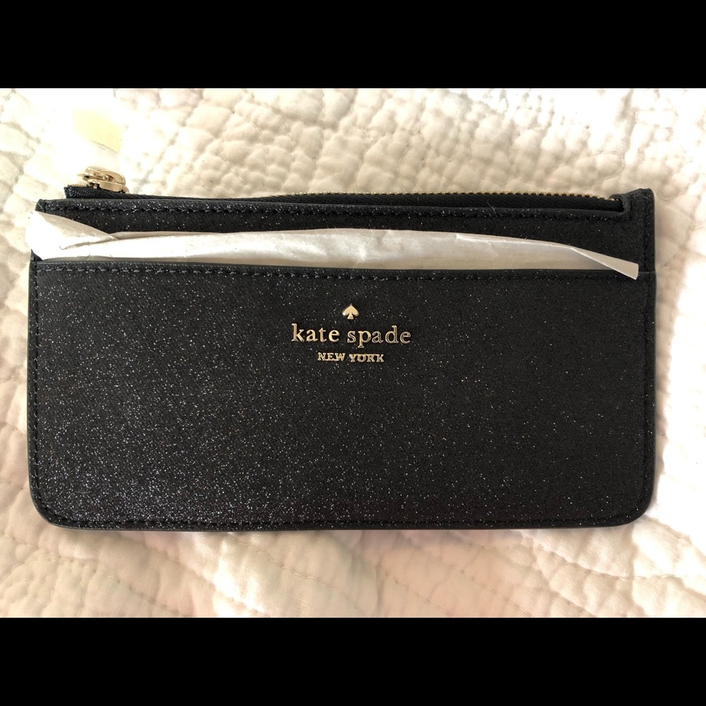 NIBWT Kate Spade shimmy boxed large slim card holder—black sparkly